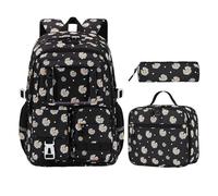 3PCS School Backpack for Teen Girls, Waterproof School Bags for Girls with Lunch Box & Pencil Bag, Kids Girl Backpack for School, Multi-Pocket Bookbag for Primary/Secondary/College Students (Black)