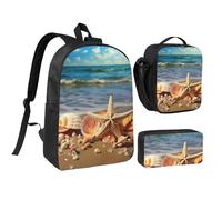 3PCS Seashells on the sandy beach Backpack Set with Insulated Lunch Box Pencil Pouch, 17inch Lightweight Laptop Bags Shoulder Lunch Bag and Pencil Case Bag 3-in-1 Set