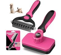3PCS Self Cleaning Slicker Brush & Pet Grooming Rake & Flea Comb for Dogs,Cats and Horses | Double-Sided Dematting Comb & Skin Friendly Deshedding Grooming Tool (Red)