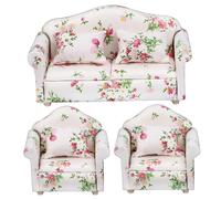 3Pcs/Set 1 12 Scale Dollhouse Furniture, Floral Pattern Double ＆ Single Dollhouse Couch with Pillow Armchair Sofa Living Room Dollhouse Furniture Wooden Dollhouse Accessories