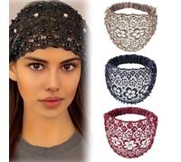 3pcs Set Boho-chic Crystal & Pearl Embellished Wide Headbands for Women, Elastic Floral Lace Headband, Luxury Fashion Hair Accessories Ideal for Weddings, Vacations & Daily Styling(3pcs-F)
