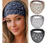 3Pcs Set Boho-chic Crystal & Pearl Embellished Wide Headbands for Women, Elegant Floral Beaded Lace Hair Accessories, Ideal for Weddings, Vacations & Daily Styling (3pc-B)
