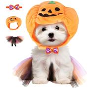 3Pcs/Set Cat Halloween Costumes, Cute Pumpkin Hats for Cats Dogs with Bow Tie & Mesh Bib, Dress Up Accessories for Halloween