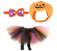 3Pcs/Set Cat Halloween Costumes, Cute Pumpkin Hats for Cats Dogs with Bow Tie & Mesh Bib, Dress Up Accessories for Halloween Pumpkin Costume