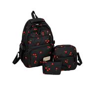3Pcs Set Cherry Backpack for Girls, Aesthetic School Bag for Girls Cute Backpack Sets, Large Capacity Nylon Rucksack, Schoolbag Floral Print Back Pack for Teenage College Primary Secondary (Black)