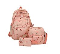 3Pcs Set Cherry Backpack for Girls, Aesthetic School Bag for Girls Cute Backpack Sets, Large Capacity Nylon Rucksack, Schoolbag Floral Print Back Pack for Teenage College Primary Secondary (Pink)