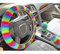 3Pcs/Set Fashion Faux Wool Fur Furry Short Hair Steering Wheel Cover,Soft Fluffy Handbrake Cover,Gear Shift Cover,Universal Thickening Warm Non-Slip Auto Interior (Rainbow,Automatic)