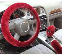 3Pcs/Set Fashion Faux Wool Fur Furry Short Hair Steering Wheel Cover,Soft Fluffy Handbrake Cover,Gear Shift Cover,Universal Thickening Warm Non-Slip Auto Interior (wine red,Automatic)