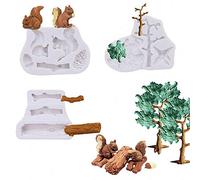 3Pcs/Set Forest Animal Silicone Fondant Molds Squirrel Chocolate Candy Mould Lumberjack Woodland Stump Pine Cones Wooden Tree Trunk Polymer Clay Molds Cake Decorating Tools