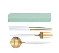 3Pcs/Set Portable Travel Utensils Stainless Steel Spoon Fork Chopsticks Set for School (Platinum (Green Storage Box))