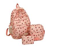 3Pcs Set Strawberry Backpack for Girls, Aesthetic School Bag for Girls Cute Backpack Sets, Large Capacity Nylon Rucksack, Schoolbag Floral Print Back Pack for Teenage College Primary Secondary (Pink)