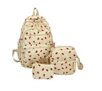 3Pcs Set Strawberry Backpack for Girls, Aesthetic School Bag for Girls Cute Backpack Sets, Large Capacity Nylon Rucksack, Schoolbag Floral Print Back Pack for Teenage College Primary Secondary (White)