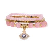 3pcs/set Women Men Natural Fluorite Stone Gold Color Beads Bracelet Yoga
