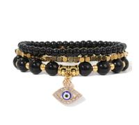 3pcs/set Women Men Natural Fluorite Stone Gold Color Beads Bracelet Yoga