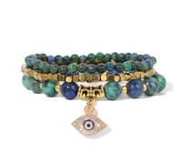 3pcs/set Women Men Natural Fluorite Stone Gold Color Beads Bracelet Yoga