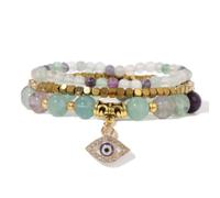 3pcs/set Women Men Natural Fluorite Stone Gold Color Beads Bracelet Yoga