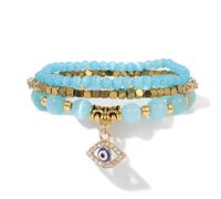 3pcs/set Women Men Natural Fluorite Stone Gold Color Beads Bracelet Yoga
