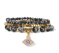 3pcs/set Women Men Natural Fluorite Stone Gold Color Beads Bracelet Yoga