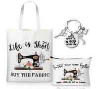 3Pcs Sewing Tote Bag Canvas Bag with Keychain, Funny Quilting Sewing Gifts for Seamstress Women Sewing Lovers Mom, Sewing Cosmetic Bag Organizer Makeup Pouch Sew Machine Themed Mother’s Day Gift