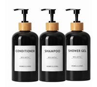 3Pcs Shampoo and Conditioner Dispenser, Shampoo Bottles with 6Pcs Waterproof Labels, PET Bottles with Silicone Funnel, Soap Dispenser Set for Shower Gel, Hand Soap, Liquid Dispensers, 16.9oz (Black)