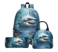 3PCS Shark Backpack Set for Boys, Large Lightweight 17 Inch Backpack with Lunch Box & Pencil Case for Kids, Back to School Bookbag for Elementary School