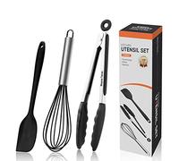 3PCS Silicone Cooking Utensil Set,Non Stick Kitchen Tool, Black | Silicone Tongs for Cooking/Whisk/Silicone Spatula,Kitchen Utensils for Non-stick Cookware | Heat Resistant | Dishawasher Safe