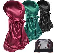 3PCS Silky Durags Pack for Men Waves, Satin Doo Rag, Award 1 Wave Cap,C