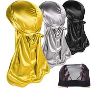3PCS Silky Durags Pack for Men Waves, Satin Doo Rag, Award 1 Wave Cap,D