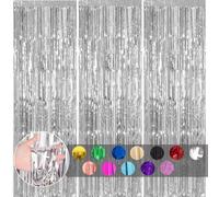 3pcs Silver Metallic Glitter Fringe Curtains, 1*2m Shimmer Wall Tinsel, Tassel Backdrop for Birthday, Christmas Party Decorations