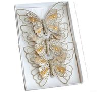 3PCS Simulated Glitter Christmas Butterfly Clip Ornaments for Holiday Tree and Wreath Decoration Use (Gold)