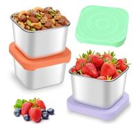 3Pcs Small Food Containers To Go Leakproof Food Storage Containers Stackable Snack boxes Tubs Reusable Metal Stainless Steel Storage Containers with Silicone Lids for kids,School,Travel|BPA-Free(6Oz)