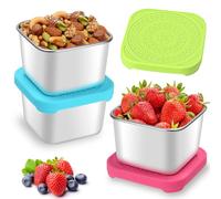 3Pcs Small Food Containers To Go Leakproof Food Storage Containers Stackable Snack boxes Tubs Reusable Metal Stainless Steel Storage Containers with Silicone Lids for kids,School,Travel|BPA-Free(6Oz)