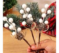 3Pcs Snowy Artificial Pine Christmas with Pinecone & White Berries, Faux Sprigs for Wreath Vase Xmas Home Decoration, 20cm