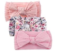 3Pcs Soft Nylon Baby Bow Headband Newborn Girl Daisy Flower Print Hair Bands Topknot High Elastic Kids Braided Headwraps(Pink1_One size)