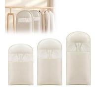 3Pcs Space Saving Hanging Garment Bag with Self Compression Zipper, Storage Bags Space Saver Closet Organizers Dust Cover 3 sizes for Down Coat Clothes Beige