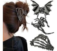 3PCS Spider Bat Hand Skull Hair Claw Clips for Women - Gothic Metal Skeleton Hand Hair Clips | Non-Slip Halloween Hair Accessories for Thick & Thin Hair | Skull Claw Clip for Girls Barrettes(Black)