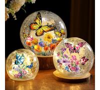 3pcs Spring Crackle Glass Ball Lights - Butterfly Ball Lamp Ornaments Indoor Globes Decorations LED Night Tabletop Decorative Sphere Lamp for Home Decor