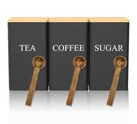3Pcs Square Tea Coffee Sugar Canisters, 1L Vintage Kitchen Canister Set tea coffee sugar of Metal Canister Storage Jar, with Airtight Bamboo Lid for Kitchen Pantry Living Room Office Counter Storage