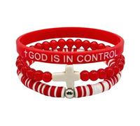 3Pcs Stackable God Is In Control Inspirational Bracelets Christian Faith Silicone Wristband Cross Beaded Stretch Bracelet Colorful Surfer Heishi Bead Jewelry Christmas Birthday Gifts, S, Glass, no