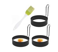 3pcs Stainless Steel Egg Maker Rings Non-Stick Round Egg Cooker Cooking Rings Metal Circle Egg Rings with Handle Silicone Brush for Frying Pancake Sandwiches Home Kitchen Breakfast Tools
