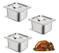 3PCS Stainless Steel Gastronorm Pan 1/6 with Lid, Stainless Steel Food Containers Pan, 100mm Deep, Silver