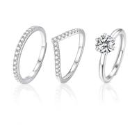 3Pcs Sterling Silver Rings for Women, Adjustable 925 Sterling Silver Ring | Stackable Silver Ring Set with Cubic Zirconia for Daily Wear Gifting Rings for Birthday Anniversary Valentine’s Day Gifts