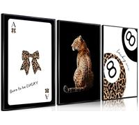 3Pcs Stylish Leopard Wall Art Preppy Ace Card Bow Canvas Posters Prints Cheetah Print Lucky 8 Pool Ball Wall Decor Pictures for Women Bedroom Living Room Bathroom Decoration Unframed 12x18inch