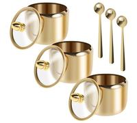 3pcs Sugar Bowl with Clear Glass Lid and Spoon,10oz Satinless Steel Salt Pot, Gold Sugar Container, Dishwasher Safe Spice Salt Canister, Seasoning Box Condiment Pot for Salts Candy Coffee Bean(3pcs)