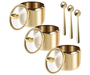 3pcs Sugar Bowl with Clear Glass Lid and Spoon,10oz Satinless Steel Salt Pot, Gold Sugar Container, Dishwasher Safe Spice Salt Canister, Seasoning Box Condiment Pot for Salts Candy Coffee Bean(3pcs)