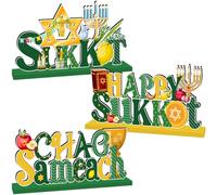 3pcs Sukkot Decorations Table Wooden Centerpiece Happy Sukkot Theme Wooden Sign Tiered Tray Decor for Jewish Holiday Celebration Party Supplies