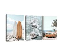 3Pcs Summer Blue Coastal Scenery Canvas Wall Art Prints, Vintage Surfboard Minibus Framed Canva Painting Relax Natural Landscape Wall Pictures for Bedroom Walls Decor for Living Room Office 50x70cmx3