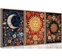 3Pcs Sun And Moon Celestial Wall Art Tarot painting Decor Pictures Astrology Gothic Wildflowers Star Canvas Posters Prints for Bedroom Office Living Room Bathroom Home Decoration Unframed