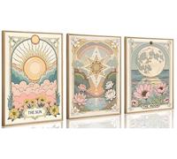 3Pcs Sun and Moon star Canvas Wall Art Tarot Crescent Moon Picture Wall Decor Wildflowers Painting Posters for Bedroom Living Room Home Decor Unframed 08x12inch