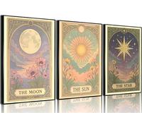 3Pcs Sun and Star Celestial Wall Art Vintage Tarot Astrology Wall Decor Full Moon Lotus Poster Painting Prints for Bed Room Living Room Bath Room Study room Home Decoration Unframed 12x16inch